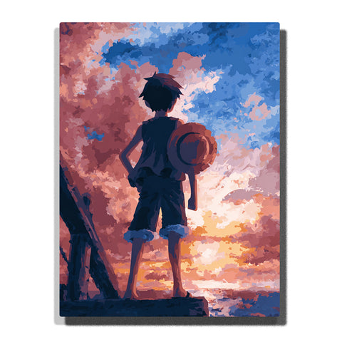 Monkey D. Luffy from One Piece standing in silhouette and facing the sunset horizon with straw hat on his back, anime Paint by Numbers wall art.