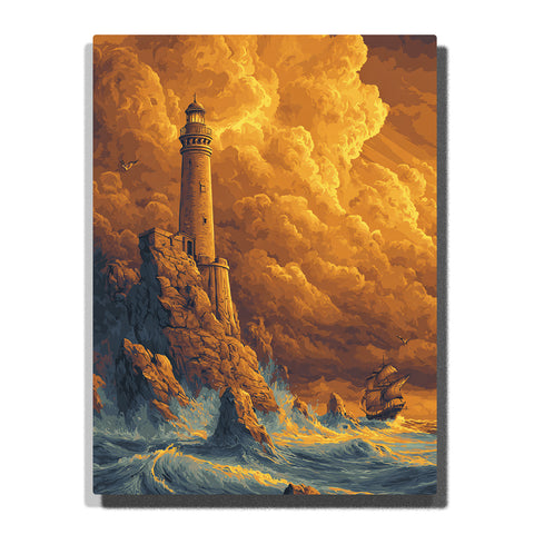 One Piece anime lighthouse on jagged rocks with pirate ship sailing through stormy ocean at sunset, dramatic scene Paint by Numbers wall art.