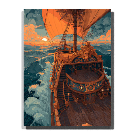One Piece pirate ship viewed from stern with lion figurehead, sailing through foamy ocean waves at sunset, anime Paint by Numbers wall art.