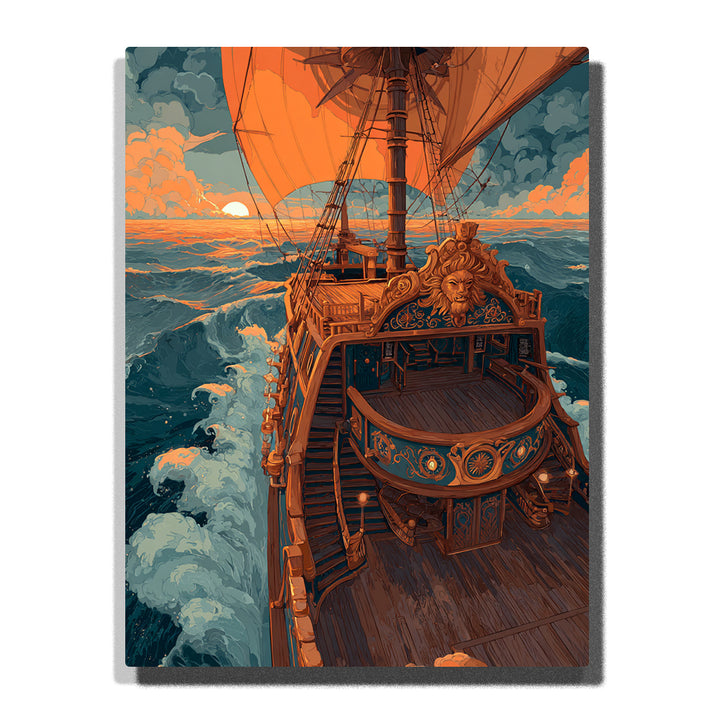 One Piece pirate ship viewed from stern with lion figurehead, sailing through foamy ocean waves at sunset, anime Paint by Numbers wall art.