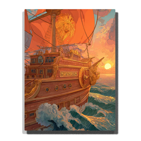 One Piece pirate ship with lion figurehead sailing through ocean waves at sunset, cinematic lighting, anime Paint by Numbers wall art.