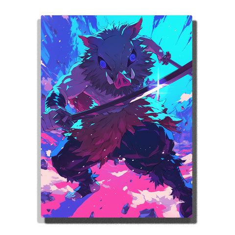 Inosuke from Demon Slayer mid-leap wielding dual swords, wild boar mask, spiky hair, neon cyan and violet background, flying debris, dramatic action pose, Paint by Numbers kit for adults by PaintEasy.
