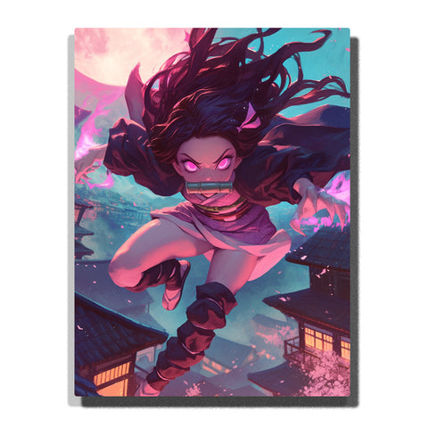 Anime character Nezuko from Demon Slayer, pink-eyed demon girl leaping over a moonlit rooftop village, flowing black hair, bamboo mouth guard, teal night sky, pink moonlight, glowing windows, and dramatic cinematic lighting, Paint by Numbers kit for adults by PaintEasy.