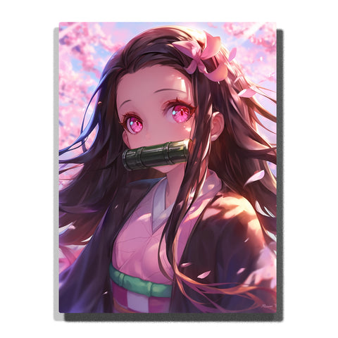 Nezuko from Demon Slayer with bamboo muzzle, pink glowing eyes, flowing long hair, and cherry blossom petals in a soft anime Paint by Numbers portrait.