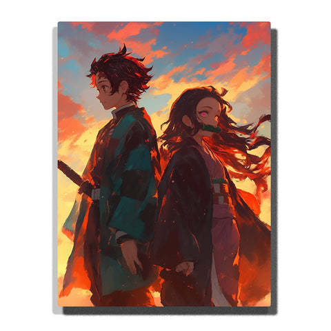 Tanjiro and Nezuko from Demon Slayer standing back-to-back at sunset with flowing hair and robes, anime Paint by Numbers wall art.