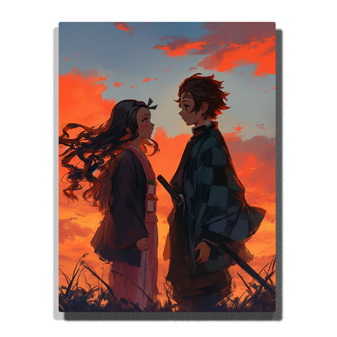 Tanjiro and Nezuko from Demon Slayer standing face to face at sunset with flowing hair, warm orange clouds, and anime Paint by Numbers styling.