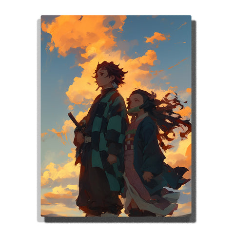 Tanjiro and Nezuko from Demon Slayer walking beneath golden sunset clouds with wind-blown robes and warm anime sky, Paint by Numbers wall art.