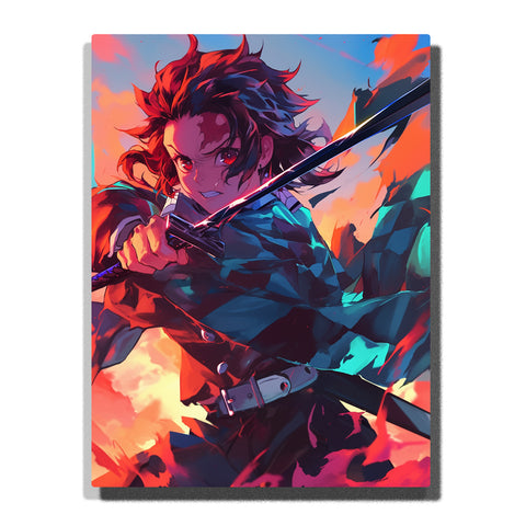 Tanjiro from Demon Slayer gripping his sword in a forward stance with intense eyes, wind-swept hair, and sunset anime background, Paint by Numbers wall art.

