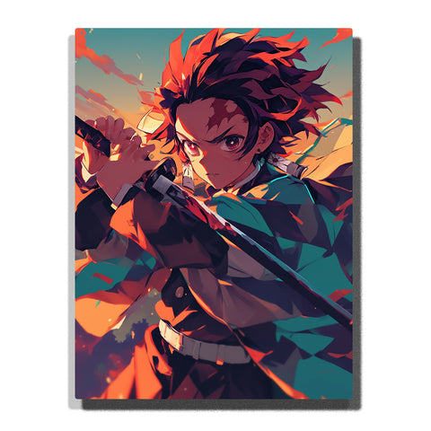 Tanjiro from Demon Slayer gripping a sword in a cross-guard stance with determined eyes, windswept hair, and warm sunset anime lighting, Paint by Numbers wall art