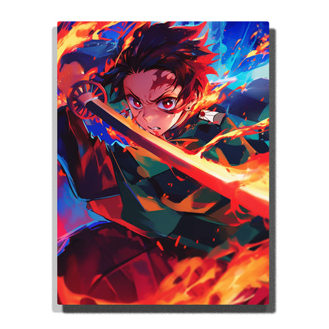 Tanjiro Kamado from Demon Slayer performing Hinokami Kagura slash with blazing flames, intense close-up sword pose, and vivid anime Paint by Numbers wall art.