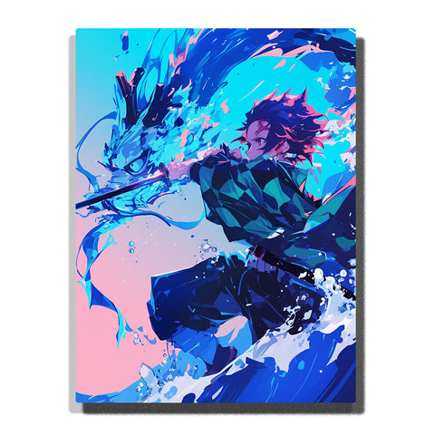 Tanjiro from Demon Slayer performing water-breathing technique with blue dragon wave, sword action pose, and pink background Paint by Numbers wall art.