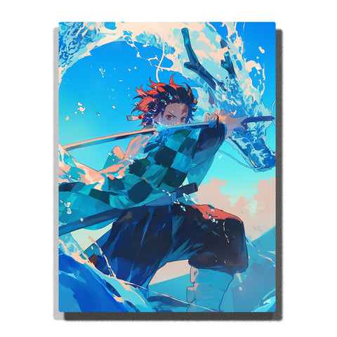 Tanjiro from Demon Slayer performing water-breathing technique with large swirling blue wave, horizontal sword, and dynamic motion anime Paint by Numbers wall art.