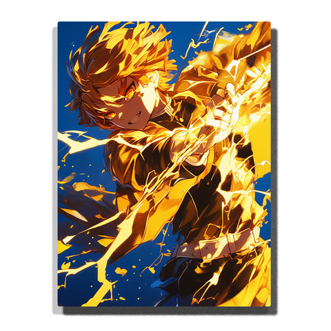 Zenitsu from Demon Slayer holding a sword with blazing golden lightning, intense anime action pose, and blue background Paint by Numbers wall art.
