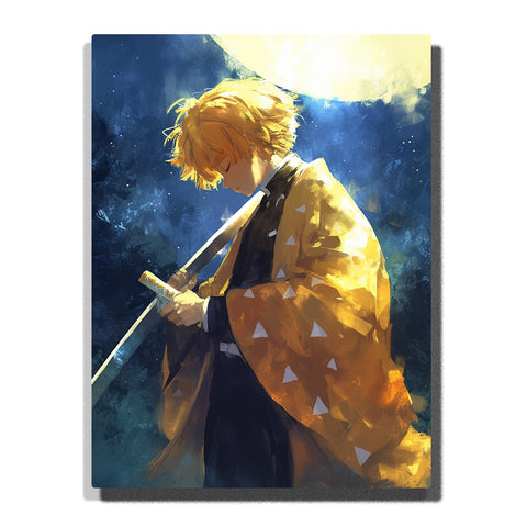 Zenitsu from Demon Slayer standing under moonlight holding a sword in side profile, wearing a yellow haori against a deep blue night background, anime Paint by Numbers wall art.