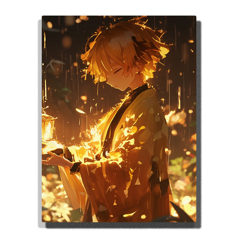 Zenitsu from Demon Slayer standing in the rain at night holding a glowing object, with golden light on his hair and robe, anime Paint by Numbers wall art.