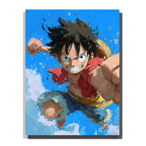 Monkey D. Luffy from One Piece charging forward with fist extended, straw hat trailing behind, energetic blue sky anime Paint by Numbers wall art.
