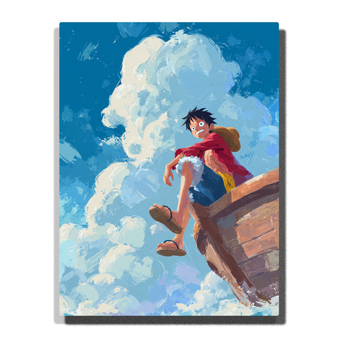 Monkey D. Luffy from One Piece sitting on the bow of a ship under bright blue sky with towering clouds, relaxed anime Paint by Numbers wall art.