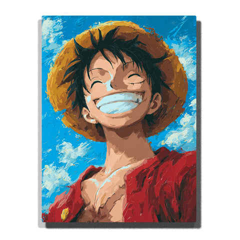 Monkey D. Luffy from One Piece smiling widely with straw hat against blue sky, close-up anime Paint by Numbers wall art.