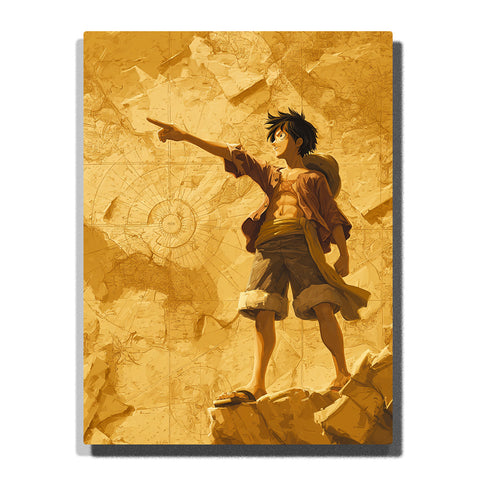 Monkey D. Luffy from One Piece standing on a rocky peak and pointing into the distance against a golden treasure map background, anime Paint by Numbers wall art.