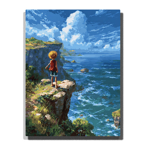 Monkey D. Luffy from One Piece standing on a cliff edge and overlooking a vast blue ocean, rocky coastline, white clouds, and anime Paint by Numbers scenery.