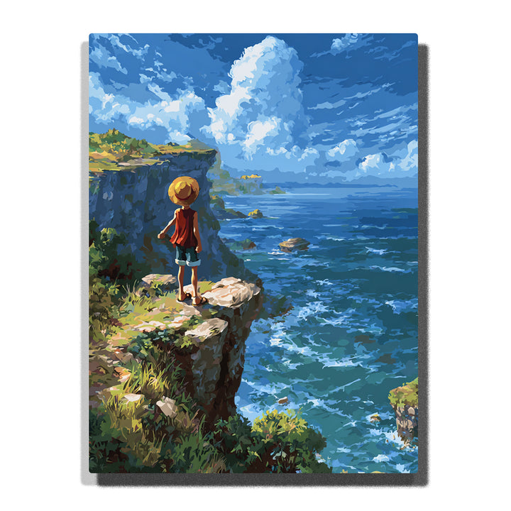 Monkey D. Luffy from One Piece standing on a cliff edge and overlooking a vast blue ocean, rocky coastline, white clouds, and anime Paint by Numbers scenery.