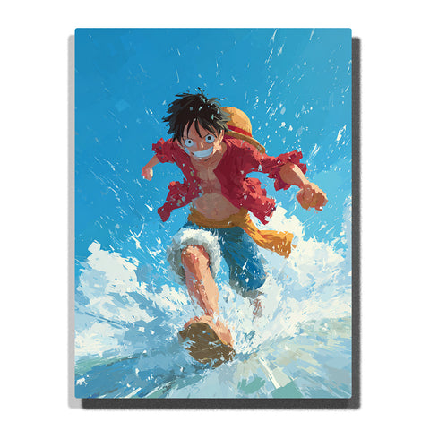 Monkey D. Luffy from One Piece running through ocean waves with straw hat and red jacket, sunlit dynamic anime Paint by Numbers wall art.