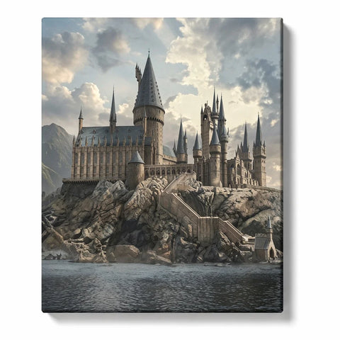 Harry Potter Paint by Numbers For Adults featuring Hogwarts castle with Gothic towers and stone stairways on rocky cliffs above a dark lake with mountains and dramatic clouds