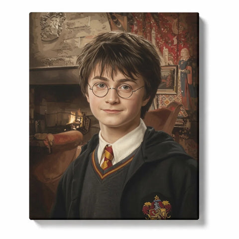 Harry Potter Paint by Numbers For Adults featuring young wizard portrait with round glasses, dark hair, school robes, red and gold tie and warm magical fireplace interior