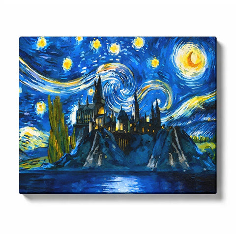 Harry Potter Van Gogh inspired Paint by Numbers For Adults featuring Hogwarts castle beneath swirling blue Starry Night sky with glowing yellow stars and moon