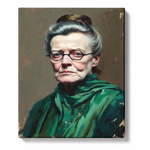 Harry Potter Paint by Numbers For Adults featuring Professor McGonagall inspired elderly woman with round glasses, silver hair, expressive face and emerald green shawl