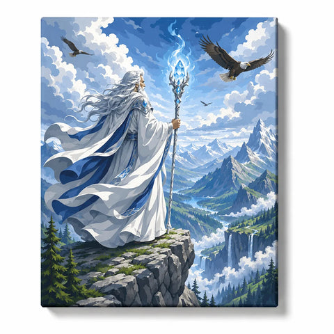 The Lord of the Rings inspired Figure Painting Paint by Numbers For Adults featuring white wizard with glowing blue crystal staff, soaring eagles, snowy mountains and waterfalls