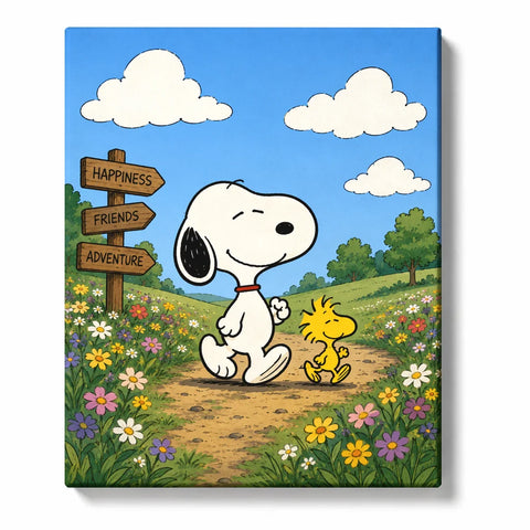 Snoopy Paint by Numbers For Adults featuring Snoopy and Woodstock walking through colorful wildflowers with Happiness Friends Adventure signs and blue sky