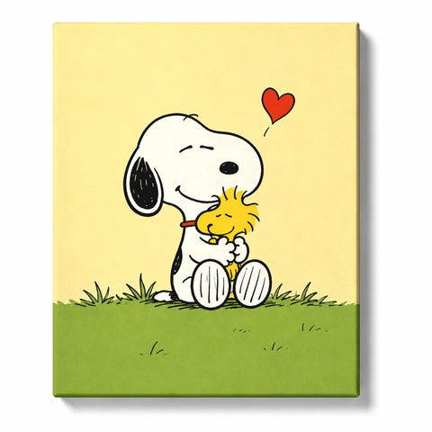 Snoopy hugging Woodstock while seated on green grass, with a red heart above them against a pale yellow background, shown as Paint by Numbers artwork.