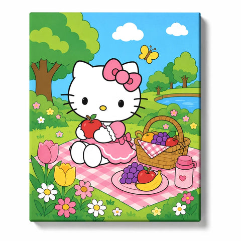 Hello Kitty Inspired Anime Paint by Numbers For Adults featuring garden picnic scene with flowers, fruit basket, butterflies and colorful cartoon style