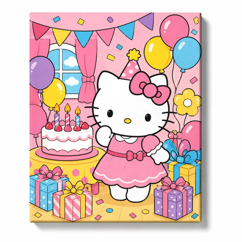 Hello Kitty Paint by Numbers For Kids Ages 5-7 featuring pink birthday party with cake, balloons, colorful gifts, confetti and bold easy-to-follow shapes