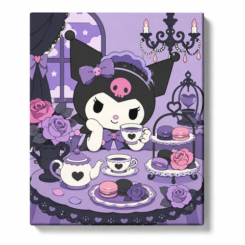Kuromi Paint by Numbers For Adults featuring purple gothic tea party with roses, macarons, heart teacups, black chandelier and pink skull details