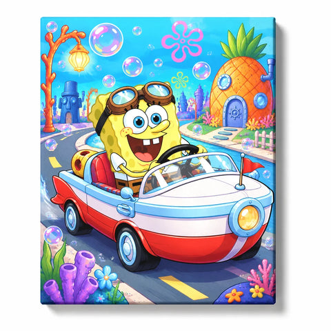 SpongeBob Inspired Anime Paint by Numbers For Adults featuring cartoon character driving colorful car with underwater world, bubbles and tropical scenery