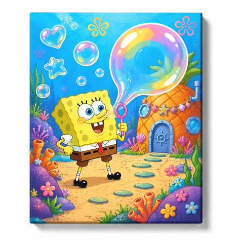 SpongeBob Paint by Numbers For Adults featuring SpongeBob blowing giant rainbow bubble beside colorful pineapple house with coral and underwater plants