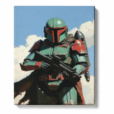 Star Wars Paint by Numbers For Adults featuring Boba Fett in green and red Mandalorian armor holding black blaster with jetpack against blue sky