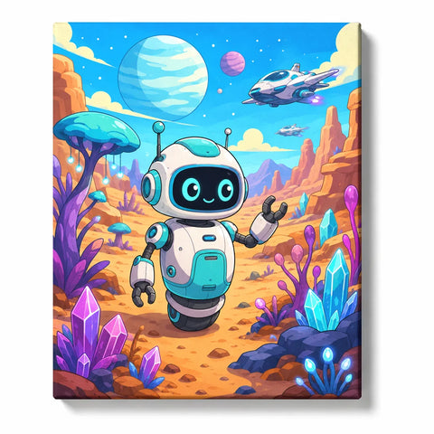 Robot Paint by Numbers For Adults featuring cute futuristic robot exploring alien planet with crystals, spacecraft, planets and colorful sci-fi landscape