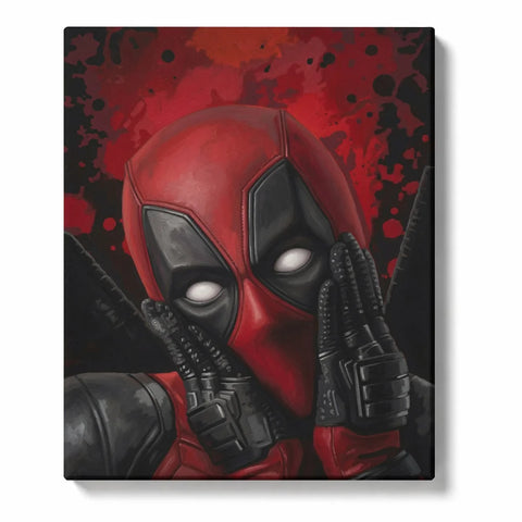 Deadpool Paint by Numbers For Adults featuring red and black masked superhero in shocked pose with gloved hands on cheeks and dramatic crimson splatter background