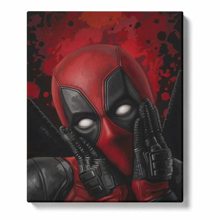 Deadpool Paint by Numbers For Adults featuring red and black masked superhero in shocked pose with gloved hands on cheeks and dramatic crimson splatter background