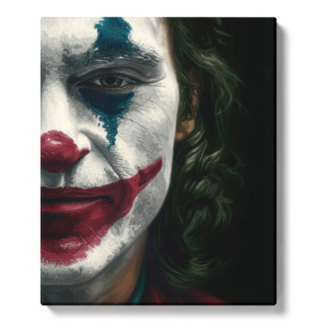 Joker Paint by Numbers For Adults featuring DC Comics inspired villain close-up with smeared red smile, white clown makeup, blue eye paint, green hair and black background