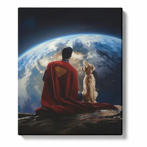 Superman Paint by Numbers For Adults featuring DC Comics inspired superhero in red cape sitting beside loyal dog while looking at glowing Earth from space
