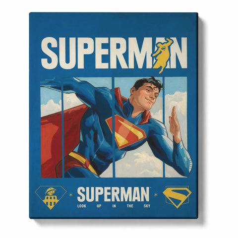 Superman Paint by Numbers For Adults featuring superhero flying through blue sky in classic red cape and blue suit with vintage comic poster and Pop Art design