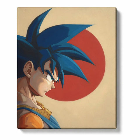 Dragon Ball inspired Paint by Numbers For Beginners featuring Saiyan warrior side profile with dramatic spiky blue hair, intense expression and large red sun background