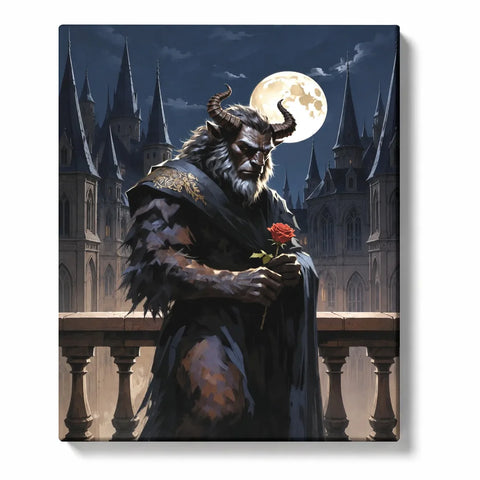 Beauty and the Beast inspired Paint by Numbers For Adults featuring horned beast holding a red rose beneath full moon with dark Gothic castle towers

