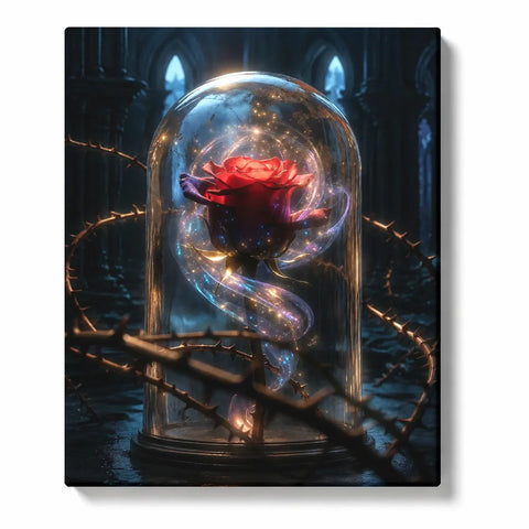 Beauty and the Beast inspired Paint by Numbers For Adults featuring enchanted red rose under glass dome with glowing magical light, thorny vines and dark Gothic castle