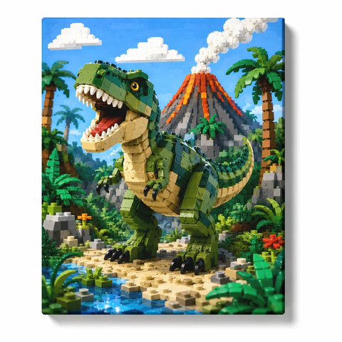 LEGO Paint by Numbers featuring green T-Rex dinosaur roaring in block-style tropical jungle with erupting volcano, palm trees, lava and blue sky