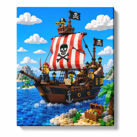 LEGO Paint by Numbers For Adults featuring colorful pirate ship with red white skull sail, pirate crew, blue tropical ocean and treasure chest